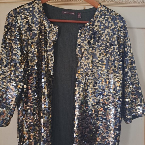 525 America Women's Gold and Olive Green Sequin Open Front Cardigan Size Large - Picture 9 of 10